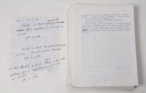 Pages from annotated typescript "World's End" by T. C. Boyle. Photo by Pete Smith.
