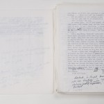 Pages from annotated typescript "World's End" by T. C. Boyle. Photo by Pete Smith.