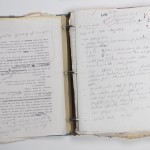 Binder with research materials and notes for "World's End" by T. C. Boyle. Photo by Pete Smith.