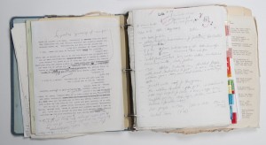 Binder with research materials and notes for "World's End" by T. C. Boyle. Photo by Pete Smith.