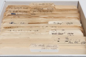 Document box with files related to short stories by T. C. Boyle. Photo by Pete Smith.