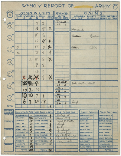 Weekly report of Yellow Army's losses and gains. © Edith Lutyens and Norman Bel Geddes Foundation. Image courtesy the estate of Edith Lutyens Bel Geddes/Harry Ransom Center.