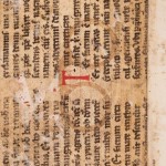 Rear flyleaf: It’s difficult to tell exactly how the spectacles left their impression, but they must have been sandwiched between the two parchment endleaves for an extended period of time. Photo by Pete Smith.