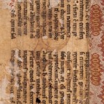 This second rear flyleaf contains the most visible trace of the spectacles. The outline conforms to the shape of leather-framed spectacles. Photo by Pete Smith.