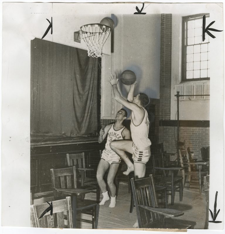 Obstacle Course (Shimer College basketball team practice). Unidentified photographer, "New York Journal-American," January 26, 1964.