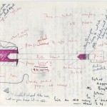 A drawing by physicist Peter Zimmerman with his and Nicolas Freeling's notes as part of research for "Gadget," 1971–1975.