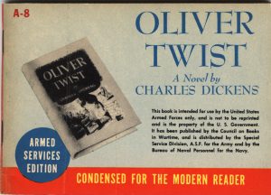 "Oliver Twist" by Charles Dickens. 1943. This edition of "Oliver Twist" is part of the Ransom Center’s Armed Services Editions collection, which houses more than 1,000 paperback editions printed for soldiers during World War II. The U.S. Army began publishing Armed Services Editions in 1943, hoping the portable volumes would entertain soldiers between duties. By the time the army stopped publishing the editions four years later, they had distributed more than 123 million copies of 1,300 titles to soldiers on active duty on the battlefields in Europe and the Far East. The subjects of the Armed Services Editions ranged from mystery and adventure tales to the classics. The paperbacks were generally produced in a horizontal format with a picture of the original hardback’s dust jacket.