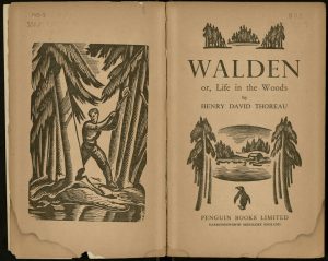 "Walden" by Henry David Thoreau. 1938. Seeking a new, high-end market, Penguin experimented with a line of Illustrated Classics in 1937. For the first print run, Arthur Lane chose works (such as "Walden") that were out of copyright, so the money saved on royalties could be put toward commissioning artists. Lane hired Robert Gibbings, the owner of the Golden Cockerell Press from 1924 to 1933, to become Art Editor for Penguin Illustrated Classics in 1938. Gibbings was an expert on wood engravings and commissioned highly qualified artists to illustrate the novels. Under his direction, the Illustrated Classics books featured elaborately illustrated title pages, each with its own distinct penguin. The Ransom Center holds many of these early pictorial classics in its book collection, as well as material related to Gibbings and his illustrations in its Golden Cockerell Press collection.