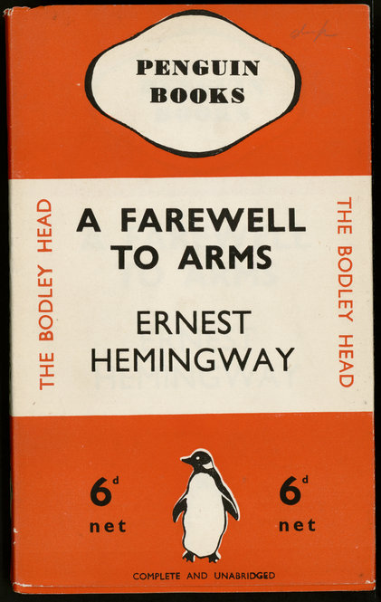 "A Farewell to Arms" by Ernest Hemingway. 1935. This edition of "A Farewell to Arms" was part of the initial ten-book print run of Penguin’s launch in 1935. Other titles in the series included Agatha Christie’s "The Mysterious Affair at Styles" and Dorothy Sayers’s "The Unpleasantness at the Bellona Club." As you can see from this cover, Penguin paperbacks emphasized the company’s branding rather than the subject or author of the work; the original covers included the trademark drawing of the penguin but only rarely included illustrations pertaining to the book’s content. The covers were color-coded: orange for fiction, green for crime, and blue for non-fiction.