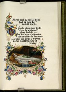 “Lenore,” an illuminated leaf in “Selected Poems of Edgar Allan Poe” bound by Sangorski & Sutcliffe. Photo by Pete Smith.