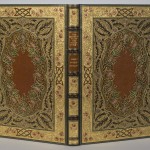 Cover of Percy Shelley’s poem “The Sensitive Plant” bound by Sangorski & Sutcliffe. The text is handwritten on parchment by Alberto Sangorski, with decorative borders and illuminated miniatures. Photo by Pete Smith.