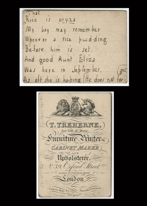 Undated children's verse cards from Sara Coleridge collection. These verses—on such topics as English history, Latin vocabulary, and animals—formed the foundation for Coleridge's “Pretty Lessons in Verse for Good Children and Lessons in Latin, in Easy Rhyme,” published in 1834.