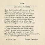 Vincent Starrett’s sonnet “221B” in its rare original issue, privately printed by Edwin B. Hill of Ysleta, Texas and distributed at Christmas, 1942—the timing giving added poignancy to the line “Here, though the world explode, these two survive.”