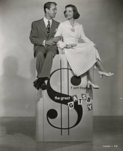 Movie still for “The Great Gatsby” (1949). This remake was to have starred Gene Tierney and Tyrone Power, but when Tierney was dropped, Power left the cast. Alan Ladd and Betty Field played Gatsby and Daisy Buchanan. The film is rarely seen on television due to rights issues.