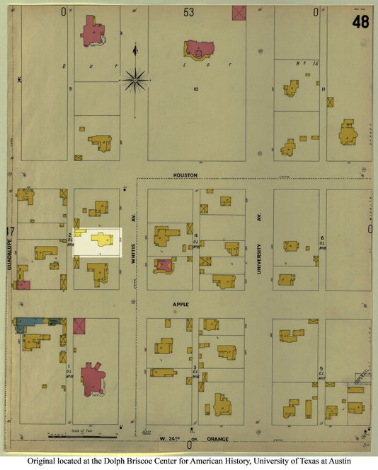 A 1900 Sanborn map, used to estimate fire insurance liabilities, depicts Bowen's house and the surrounding neighborhood at the time the letter was written. The highlighted area shows the location of Bowen's house on the map.