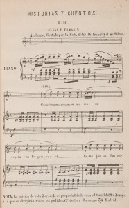 Score and lyrics for the main theme of the zarzuela “Historias y cuentos”, 1879. Note the ownership rights stated in the footnote.