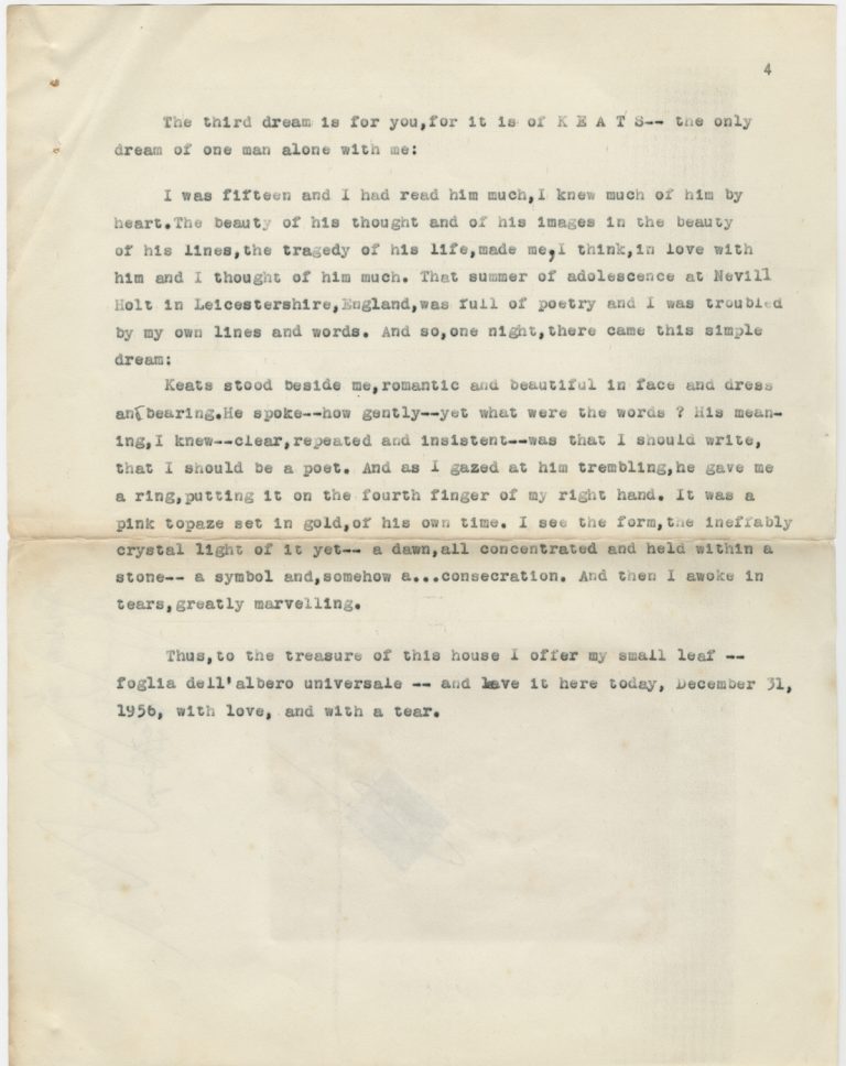 Page from the original typescript Nancy Cunard presented to the Keats-Shelley House. The document contains her four-page account of her childhood dream of John Keats.