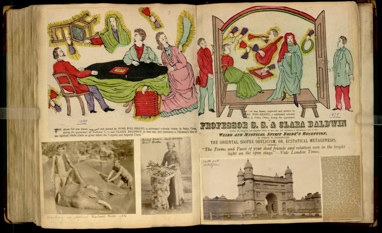 This page in the scrapbook highlights an engraved notice for S. S. Baldwin’s performances in Peking, China, in 1879, pasted above a review for an appearance at the Academy of Music (city and date unknown).