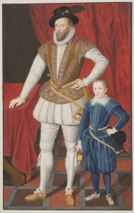 Engraved portrait of Sir Walter Raleigh and son.