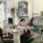 Alfred Junge's set designs of Mother Dorothea's office for "Black Narcissus," 1946.