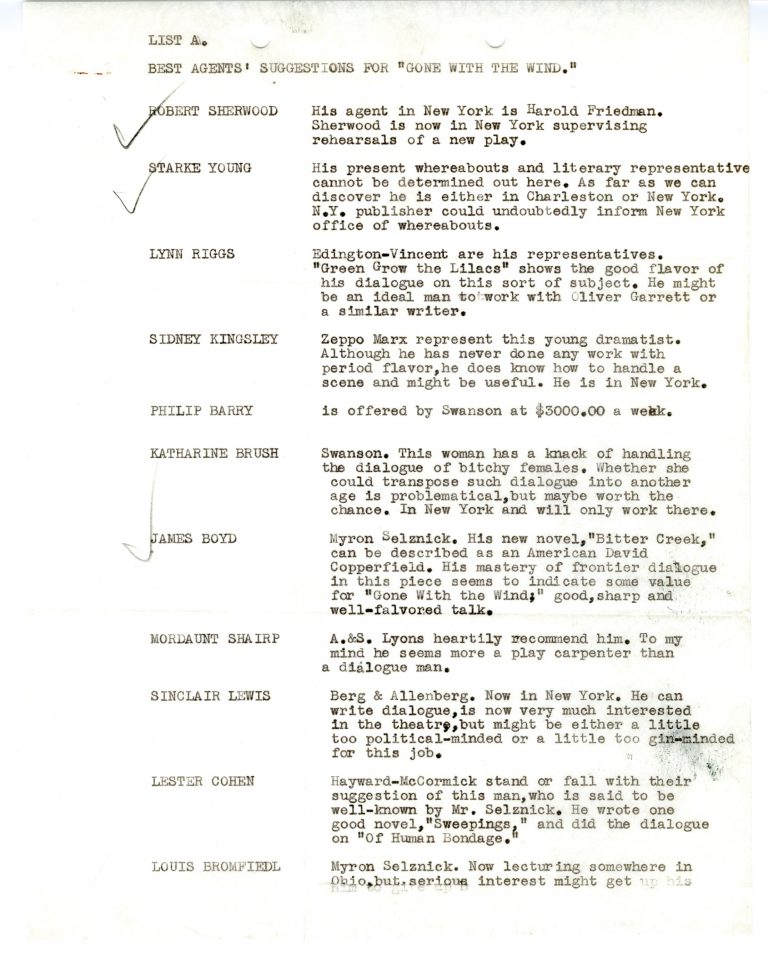 List of suggested writers for Gone With The Wind, ca. 1937.