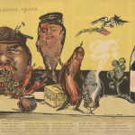 European Cuisine (Second Course). The second poster in the series illustrates the definitive victory of the Russian porridge over the Austrian sausages with the support of the English beefsteak and an American eagle.