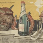 European Cuisine is the first poster in the series that details the start of the war between the German and Austrian sausages and the Russian porridge and the concerns of the other foods (countries).