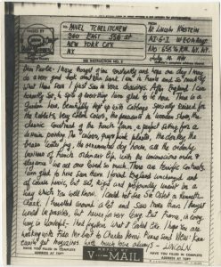A letter sent from Lincoln Kirstein to Pavel Tchelitchew through V-mail. Short for Victory Mail, V-mail was used during WWII to efficiently transport mail by copying letters to microfilm and printing them upon arrival.