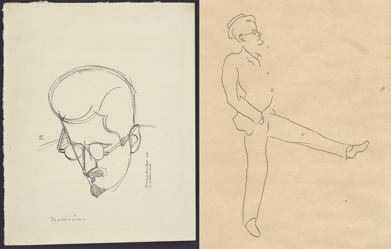Left, "Portrait of James Joyce," Wyndham Lewis, 1920. Right, "Joyce at Midnight," Desmond Harmsworth, ca. 1930