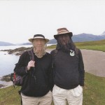 Ian McEwan and Julian Barnes on a hike in Knoydart, Scotland, in 2012, wearing "midgehoods" for protection. Photo by Annalena McAfee.
