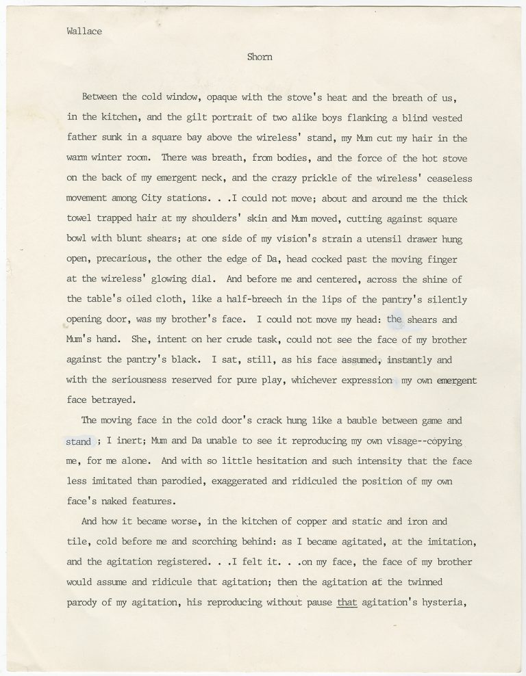 First page of unpublished short story manuscript of “Shorn” by David Foster Wallace. © David Foster Wallace Literary Trust.