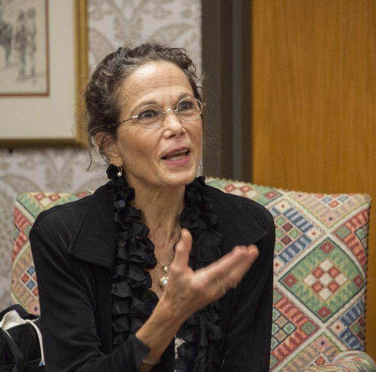 Julia Alvarez speaks with students during a visit to the Ransom Center in March 2014. Photo by Pete Smith.