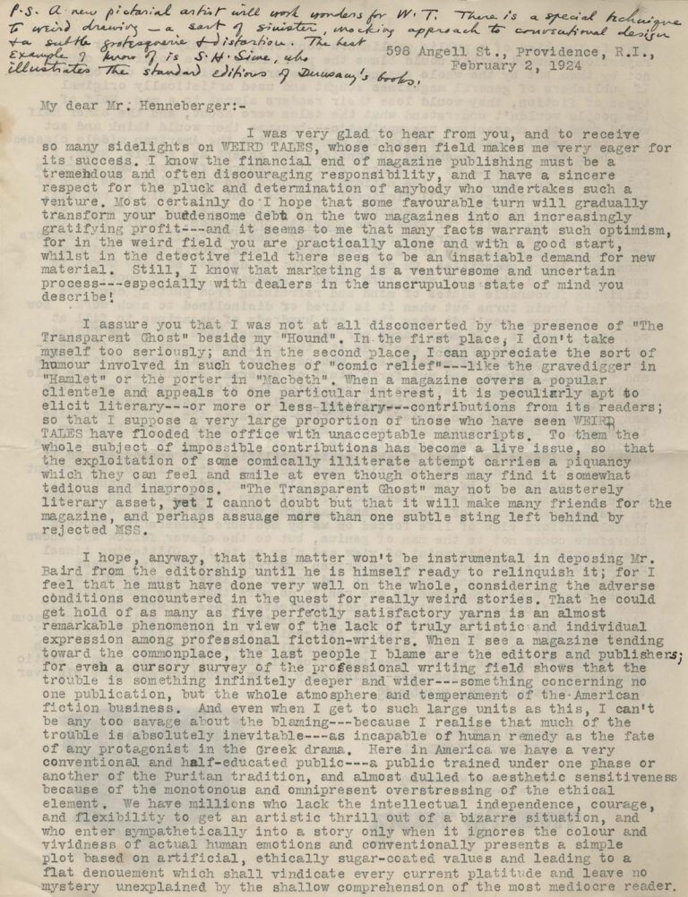 Letter from H. P. Lovecraft to Weird Tales publisher J. C. Henneberger, dated February 2, 1924. Reprinted by permission of Arkham House Publishers, Inc., and Arkham's agent, JABberwocky Literary Agency, Inc., 49 West 45th Street, #12N, New York, NY 10036-4603.