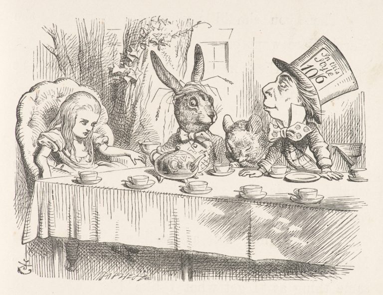 John Tenniel's illustration of the "mad tea-party" from the first published edition of Lewis Carroll's "Alice's Adventures in Wonderland."