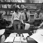 Katharine Graham, Carl Bernstein, Bob Woodward, Howard Simons and Ben Bradlee discussing stories in Bradlee's office. © Mark Godfrey.