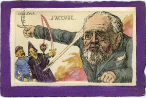 Emile Zola (1840-1902). Novelist and founder of the Naturalist movement, he wrote, for the defense of Dreyfus, an article that denounced the first trial as a mockery. His charge against the government itself forced him to find refuge in Great Britain.