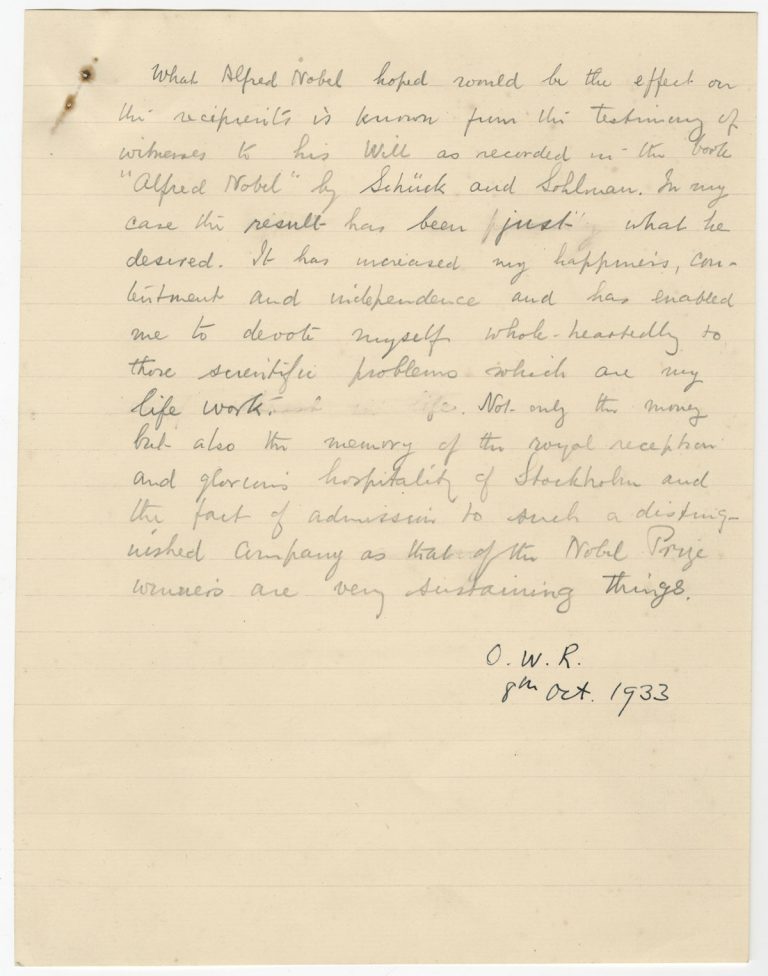 O. W. Richardson. What the Nobel Prize has meant for me, October 8, 1933.