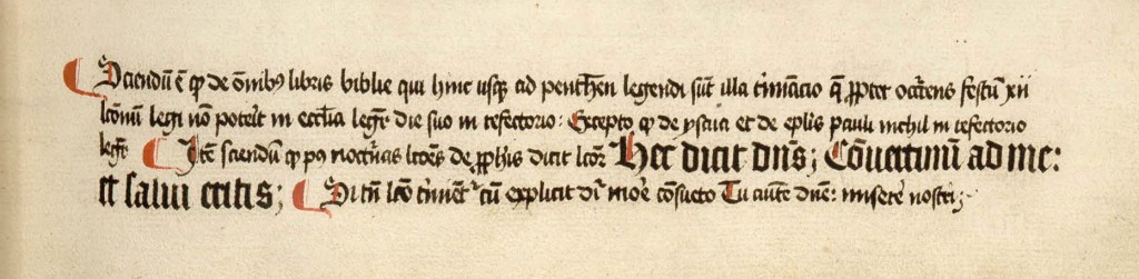 Manuscript note, with monastic instructions; the Gutenberg Bible.