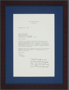 A framed letter from President Bill Clinton to Miller Williams, dated February 20, 1997.