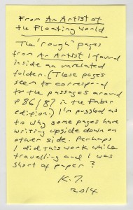 Kazuo Ishiguro's explanatory comments for the "rough" pages for "An Artist of the Floating World."