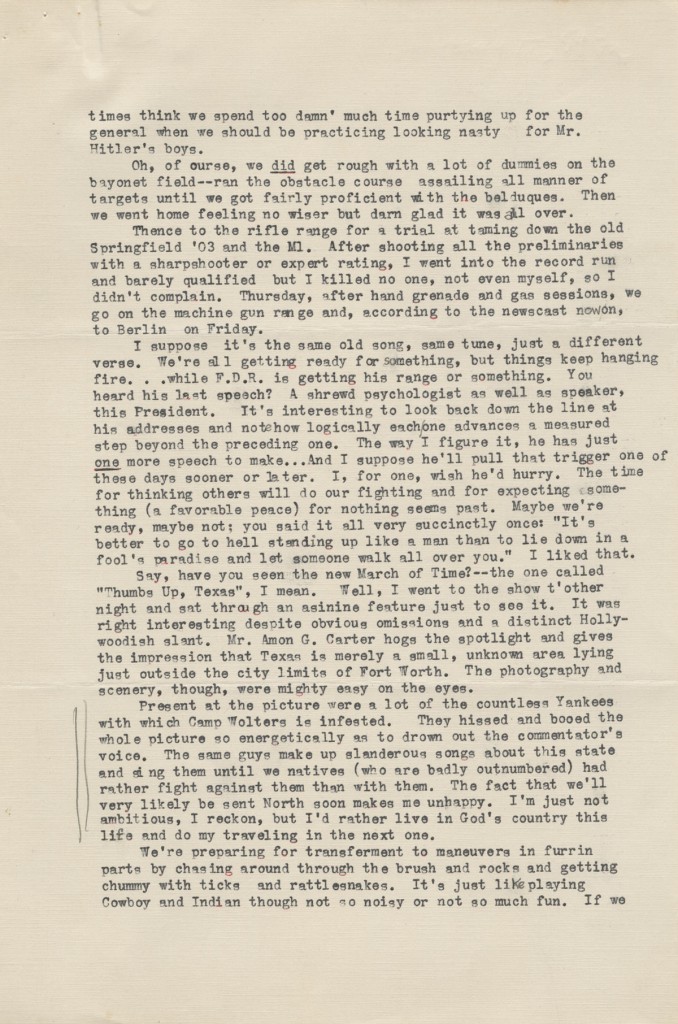 Allen Reid Robertson. Illustrated letter to J. Frank Dobie, September 24, 1941. Letter from former Dobie student then in military training. Note that the “thought bubble” over his head depicts the UT Tower. (p. 2) 