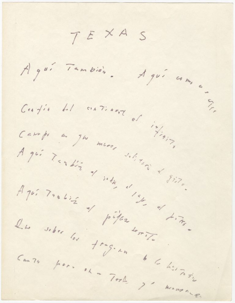 Jorge Luis Borges,”Texas” (page 1). From the manuscripts collection at the Harry Ransom Center. / Jorge Luis Borges, "Texas" (página 1). De la colección de manuscritos en el Harry Ransom Center.