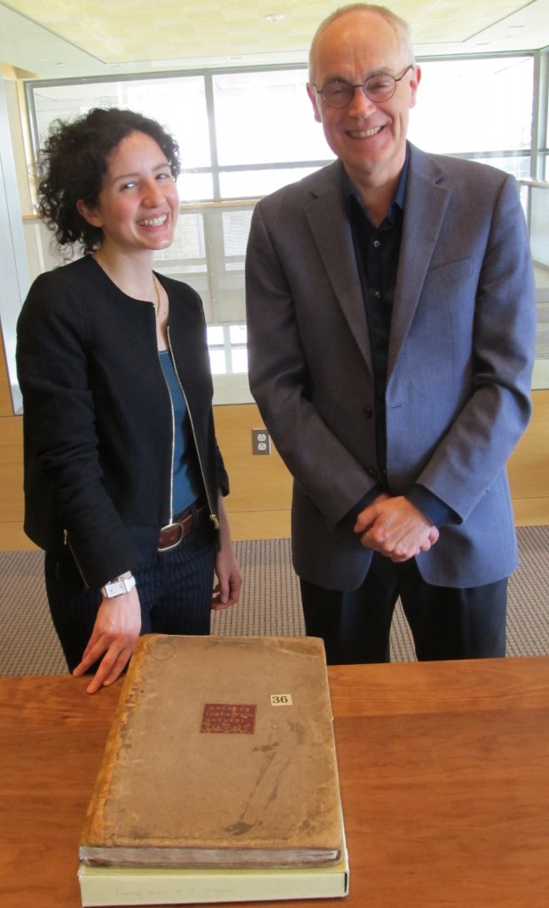 Intern Justine Provino with David Hunter, Interim Head, Fine Arts Library, UT Austin, who consulted on the treatment of this music manuscript.