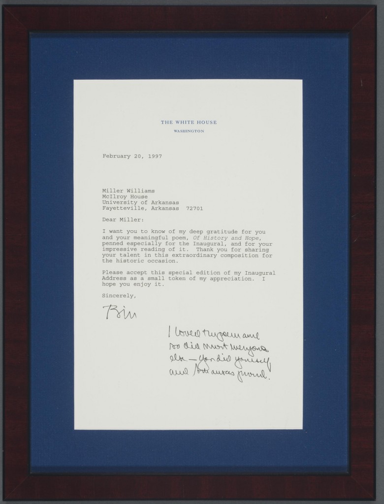 A framed letter from President Bill Clinton to Miller Williams, dated February 20, 1997.