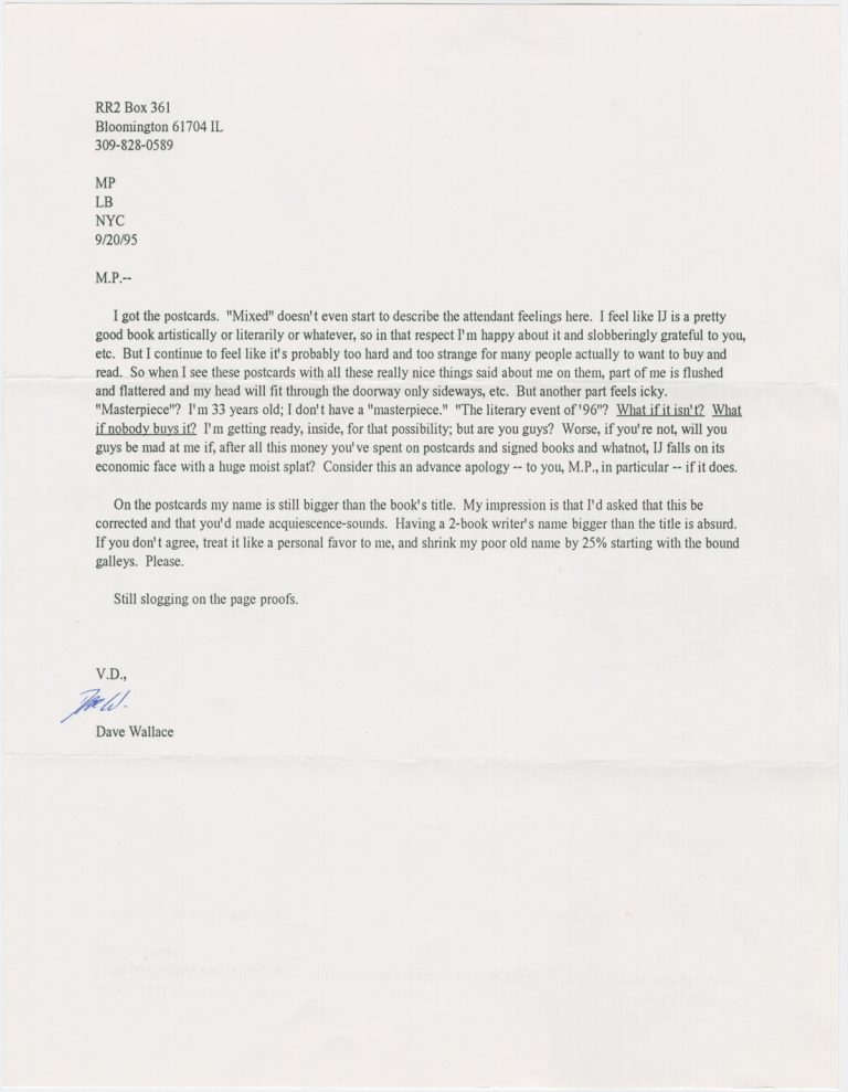 David Foster Wallace (1962-2008). Letter to his editor, Michael Pietsch, dated Sept. 20, 1995. © David Foster Wallace Literary Trust.