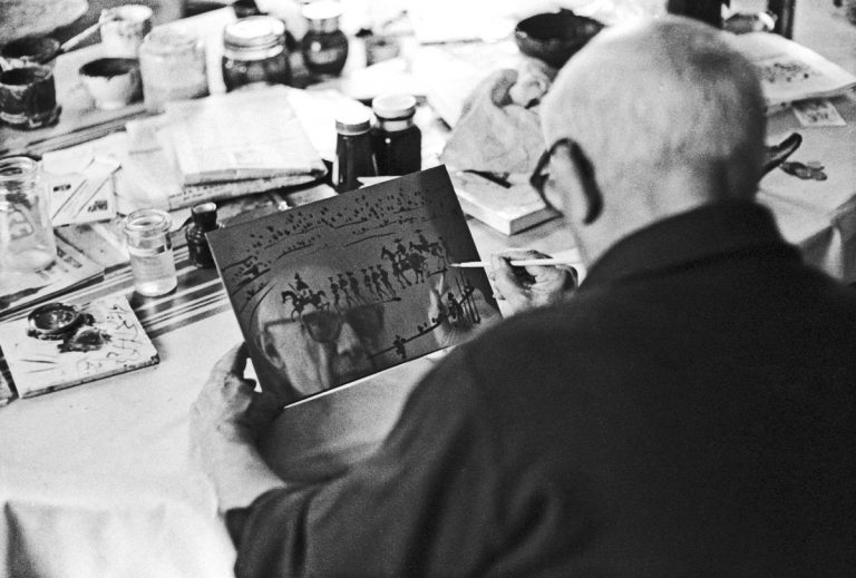 David Douglas Duncan (American, b. 1916), Picasso's Face Reflected for an Instant, 1967. Digitally reproduced from original 35mm negative. David Douglas Duncan Papers and Photography Collection © David Douglas Duncan