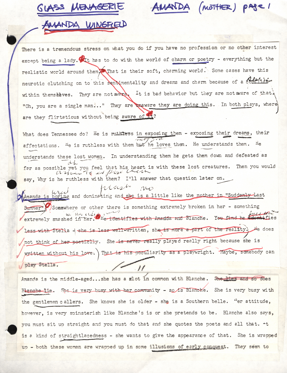 Stella Adler's teaching notes for the role of Amanda Wingfield in Tennessee Williams' "The Glass Menagerie." Stella used these notes in a 1974 class in Script Interpretation at the Stella Adler Conservatory. (c) Stella Adler Studio