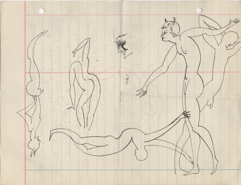 E. E. (Edward Estlin) Cummings, undated, doodling of fauns and satyrs. From ‘Sketches’ by E.E. Cummings. Copyright (©) by the Trustees for the E.E. Cummings Trust.