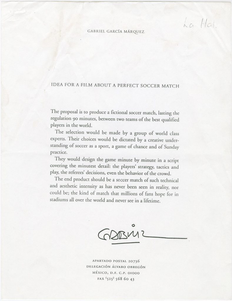 Gabriel García Márquez’s typed “film pitch for a perfect soccer game.”