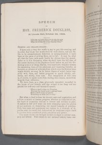 The first page of Douglass’s speech from Proceedings of the Civil Rights Mass Meeting (Washington, DC: C.P. Farrell, 1883).